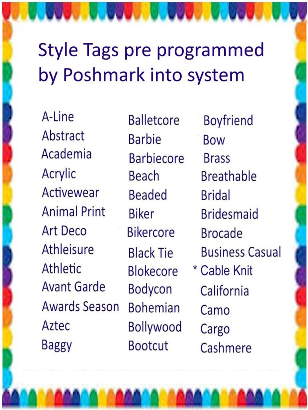 Official Poshmark STYLE TAG LIST - Print the Photos - Description Listing Help